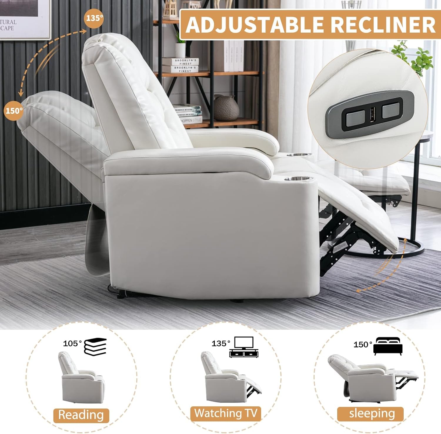 White Power Recliner Chair Electric Home Theater Seating Soft Leather Movie Chair for Living Room Overstuffed Single Reclining Sofa with Hidden Arm Storage, Cup Holders and USB Ports (Cream White)-2