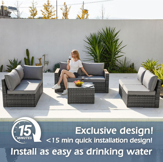 Patio Furniture Set 7 Pieces Outdoor Furniture Patio Conversation Sets with Cushions & Pillows PE Ratten Wicker Sectional Sofa Chair with Coffee Table for outside Porch Poolside Deck-1