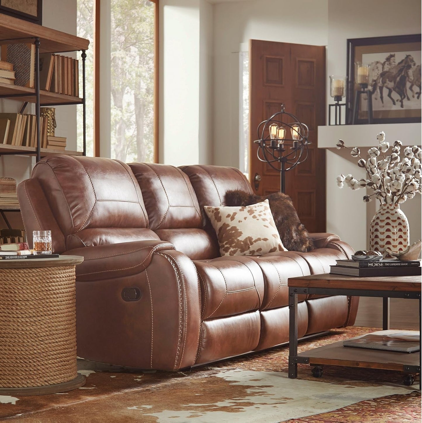 Achern Leather Air Nail Head Manual Reclining Sofa with Storage Console, Brown-0