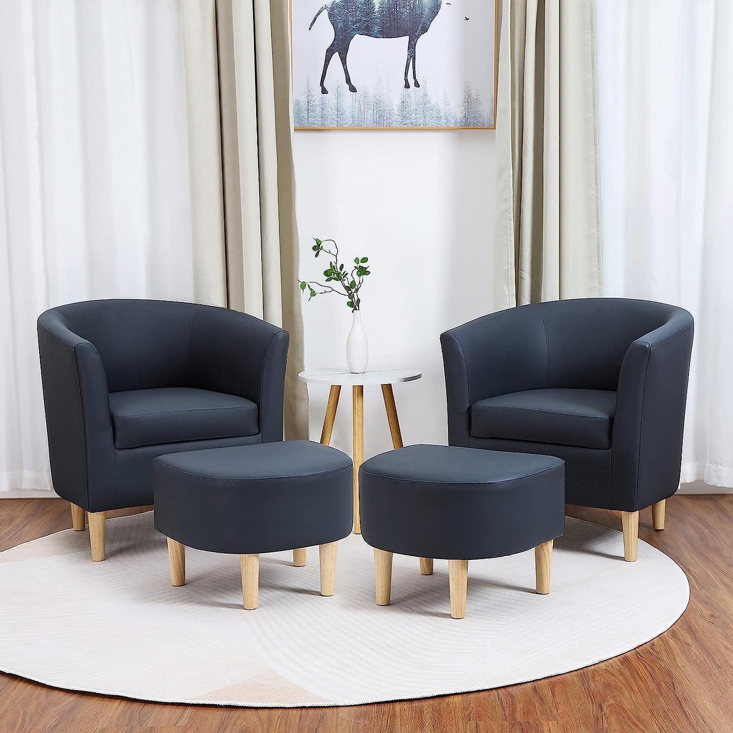 Navy Blue Mid Century Accent Chair with Ottoman-3