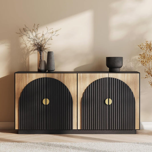 65 Inch Fluted Buffet Cabinet with Storage, Symmetrical Arc Accent Sideboard Large Console Table for Dining Room, Kitchen, and Living Room (Camel)-0