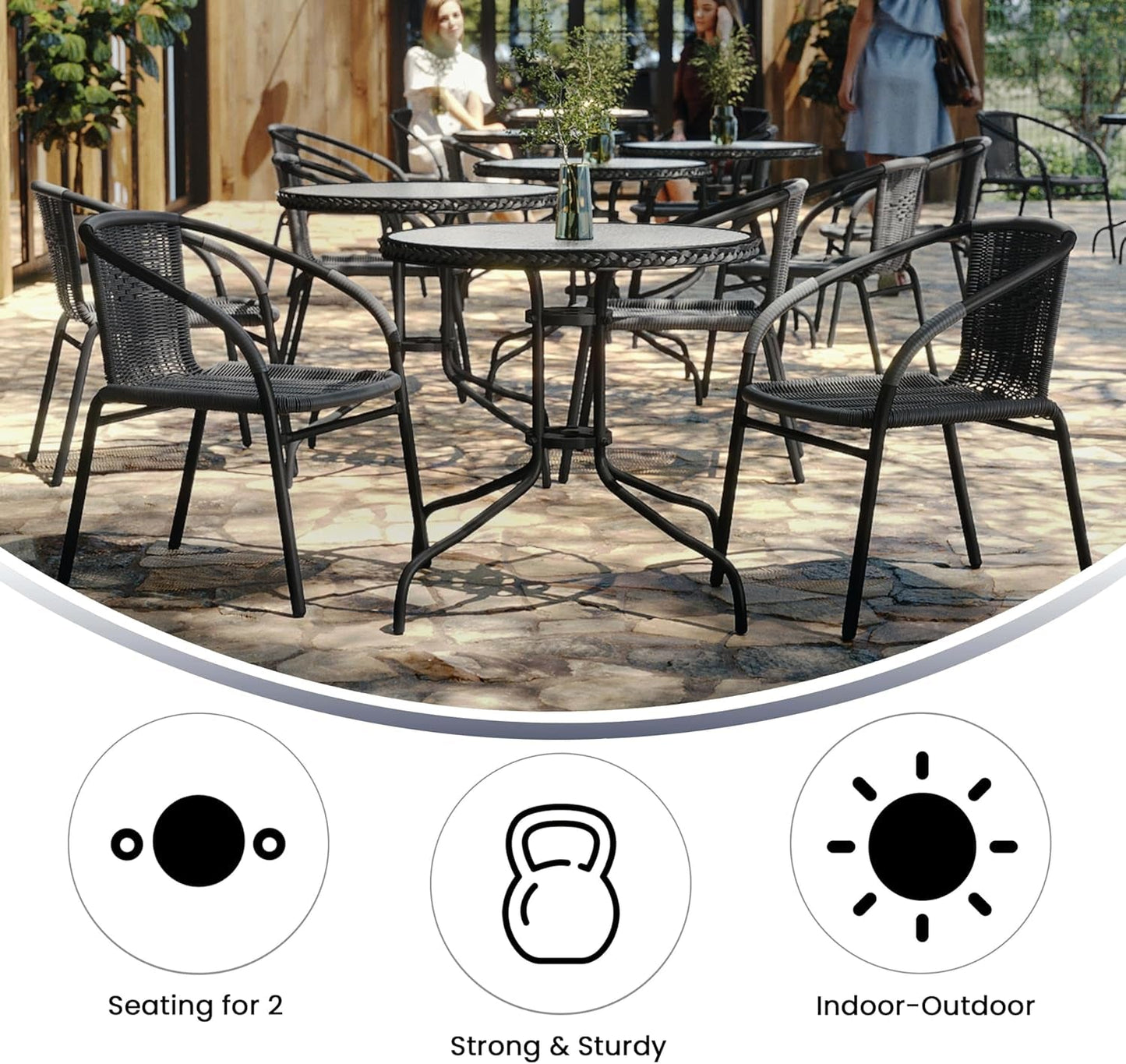3-Piece Patio Dining Set with round Glass Metal Table and 2 Stackable Rattan Chairs, Indoor/Outdoor Bistro Table and Chairs Set, Gray-3