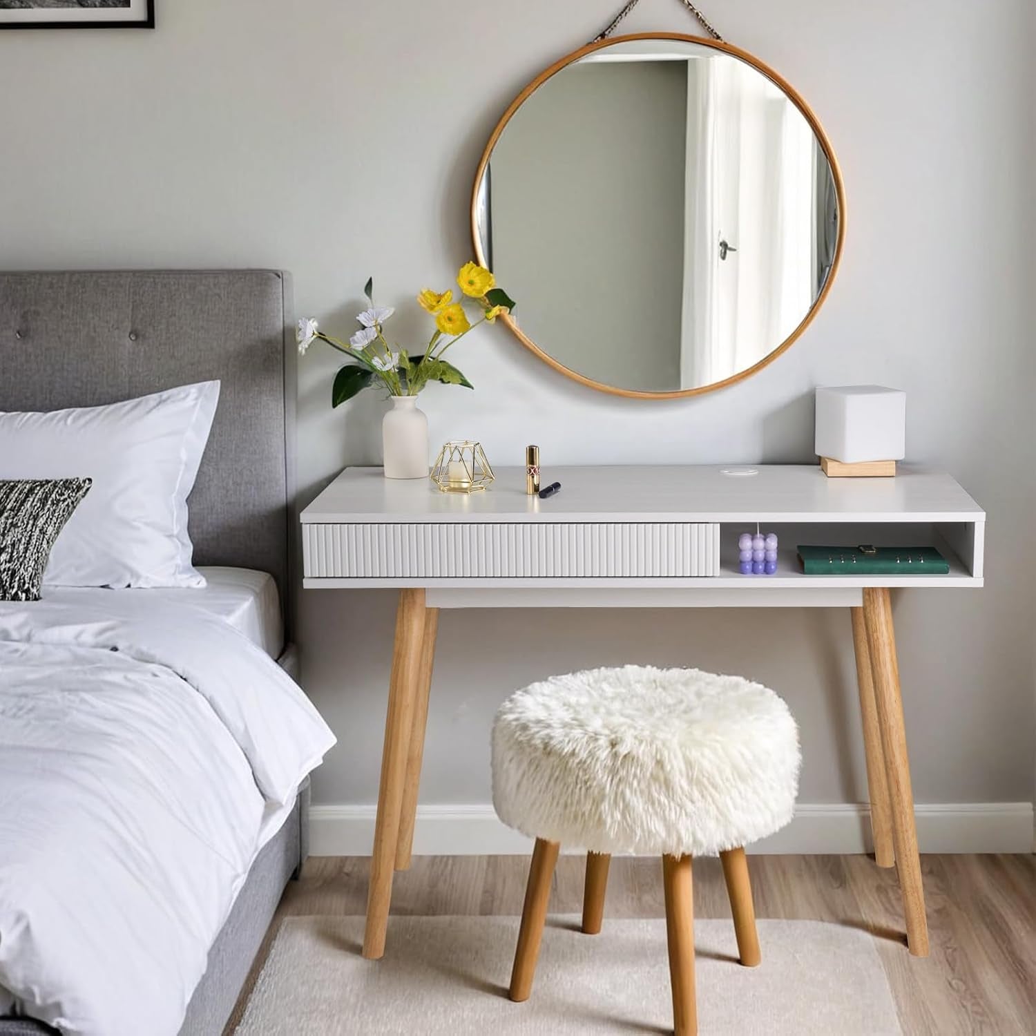 White Writing Desk Modern Desk Wooden Desk with Drawer, Small Office Desk Simple Computer Desk Makeup Table, White Oak-2