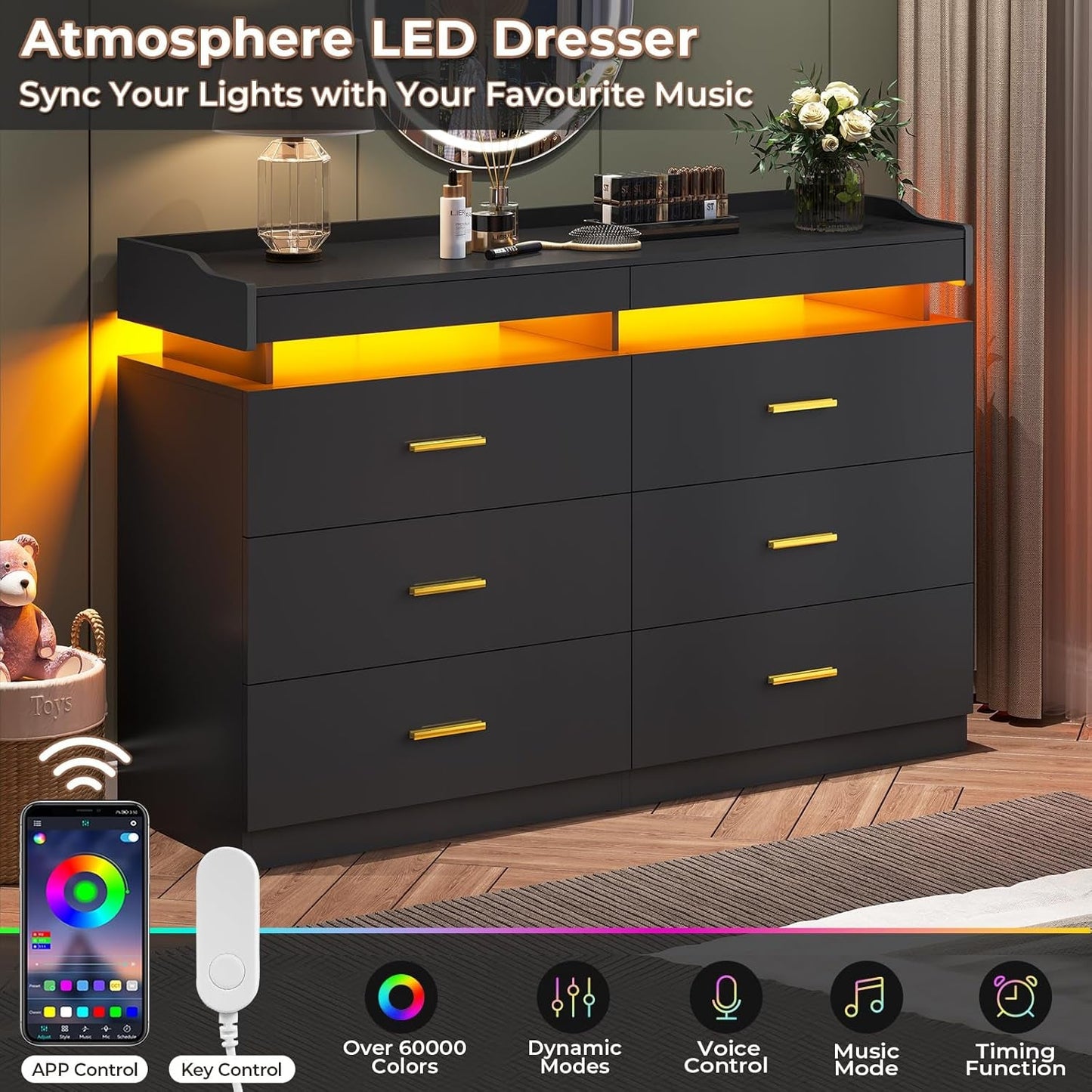 LED Dresser with 2 Pull-Out Tray, 6 Drawer Dresser, 47.2" Long Wide Chest of Drawers, Modern TV Stand Storage Organizer, Double Dressers for Bedroom, Living Room, Hallway, Black-3