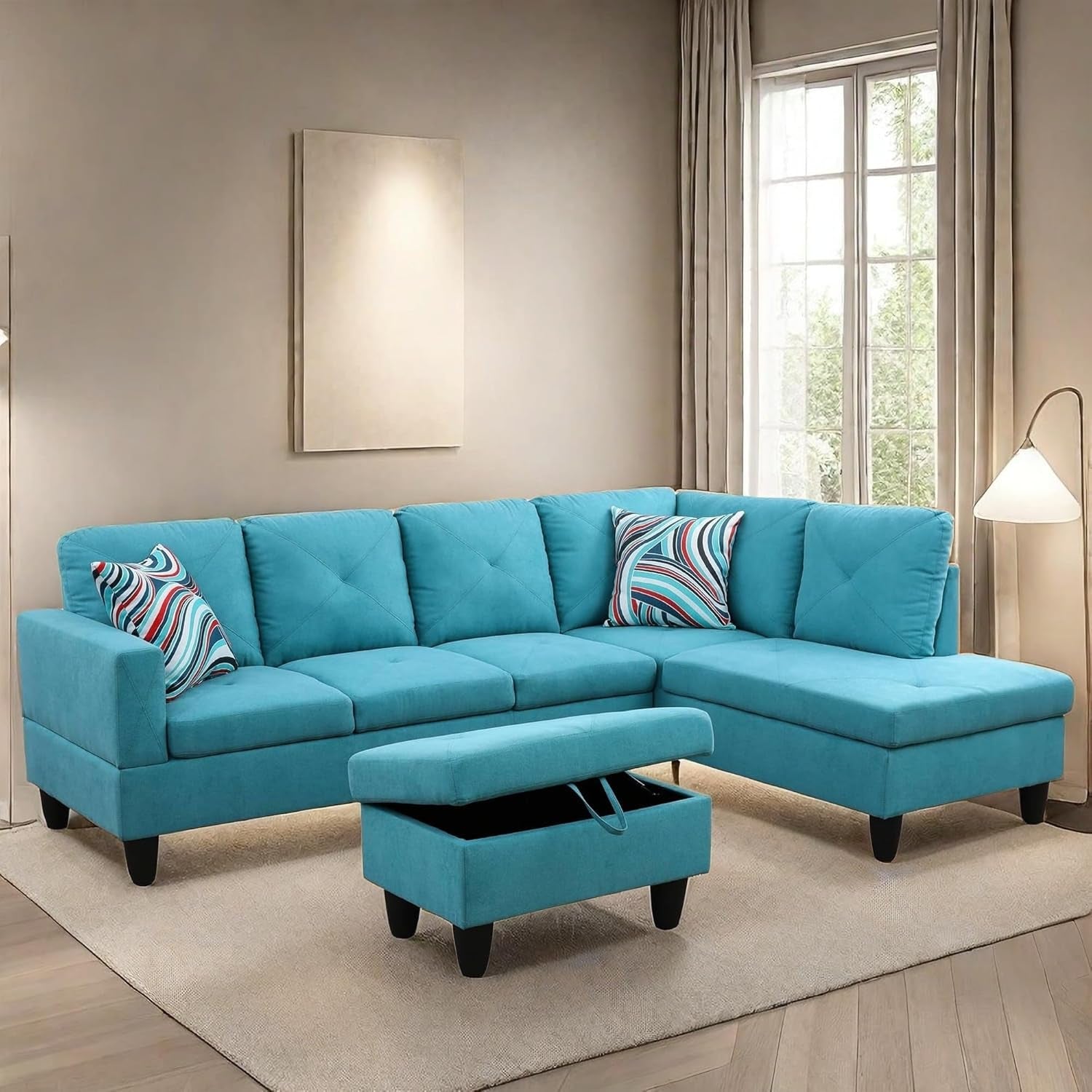 L Shaped Sectional Couches, Modern Convertible Lounge Sofa with Ottoman Storage, Comfy Modular Sectional Sofa for Living Room Furniture Sets, Small Spaces, Bedroom, Blue-2