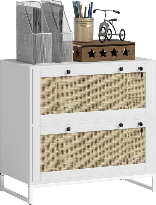White Rattan 2 Drawer Locking File Cabinet-1