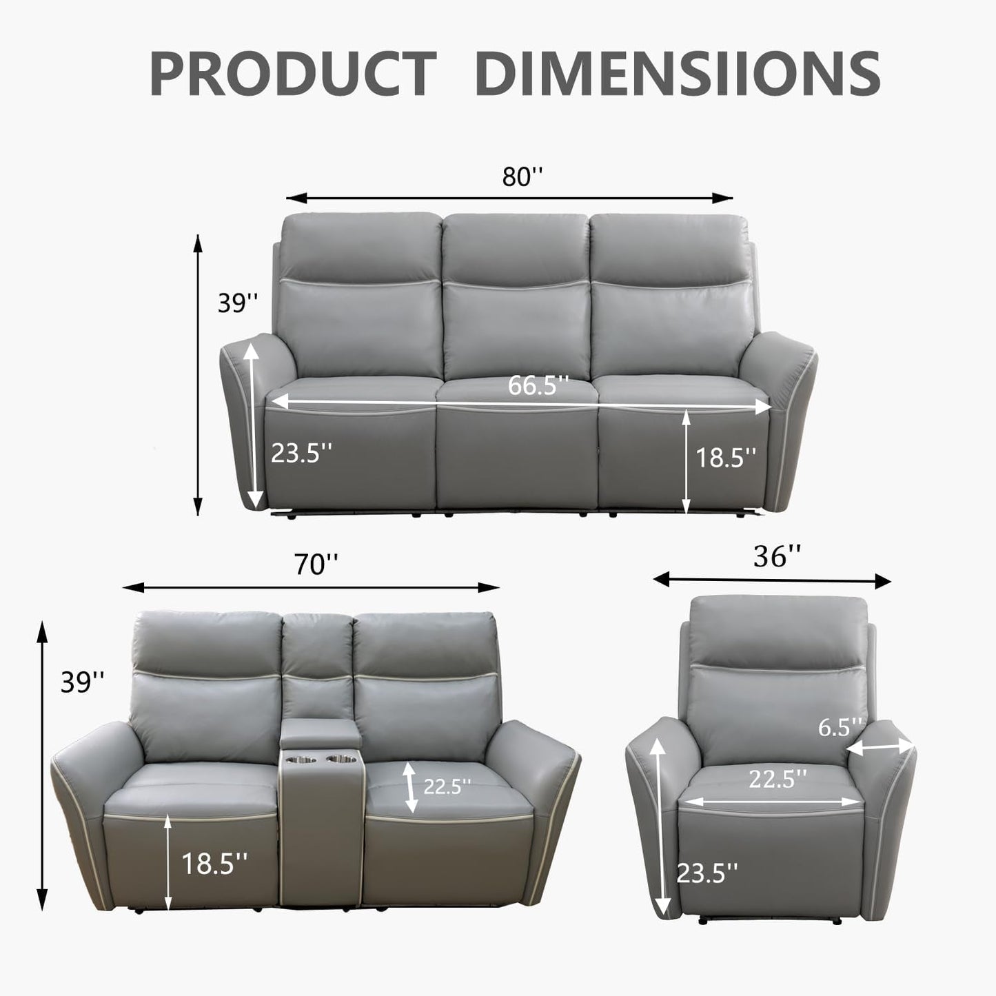 Power Recliner Sofa Set with LED, Breathing Leather Reclining Sofa Set, Living Room Set Recliner Couch Loveseat with USB Port/Cup Holder/Storage for Living Room (3 Pieces Couch Set, Light Grey)-1