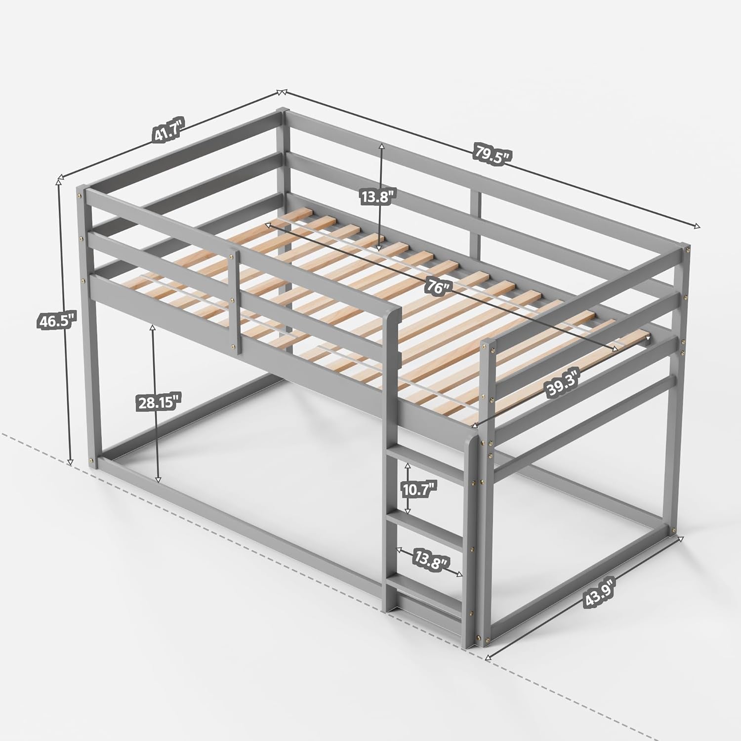 Low Bunk Bed Twin over Twin, Floor Bunk Bed with Ladder, Twin Bunk Bed with Full Guardrails, Wooden Bunk Bed for Juniors, Boys, Girls, Kids, Bedrooms (Grey)-1