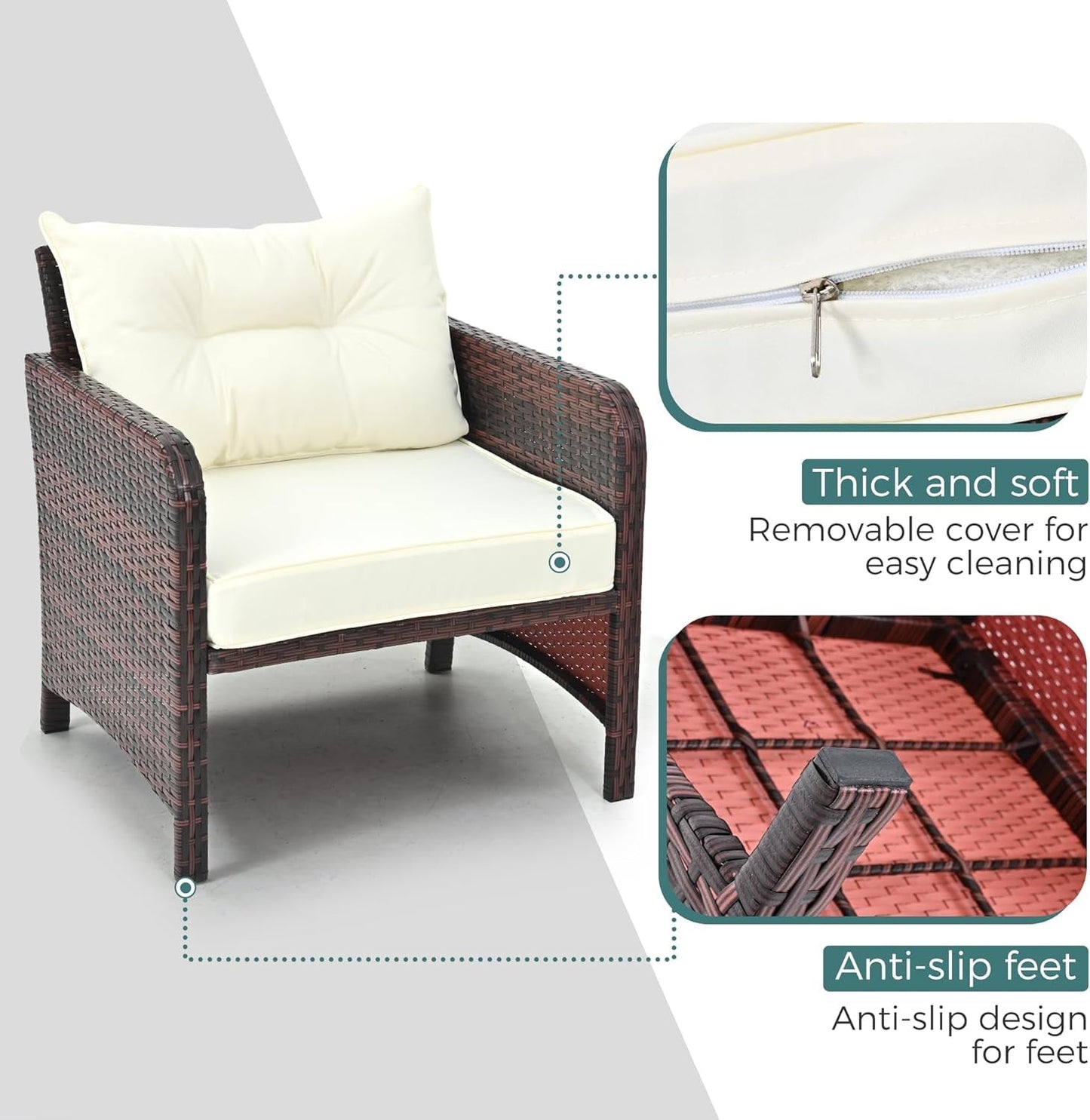 5 Pieces Patio Furniture Set, Rattan Balcony Furniture with Ottomans, PE Wicker Outdoor Patio Chairs Set with Coffee Table for Poolside, Porch, Lawn, Garden, Balcony(Beige)-3