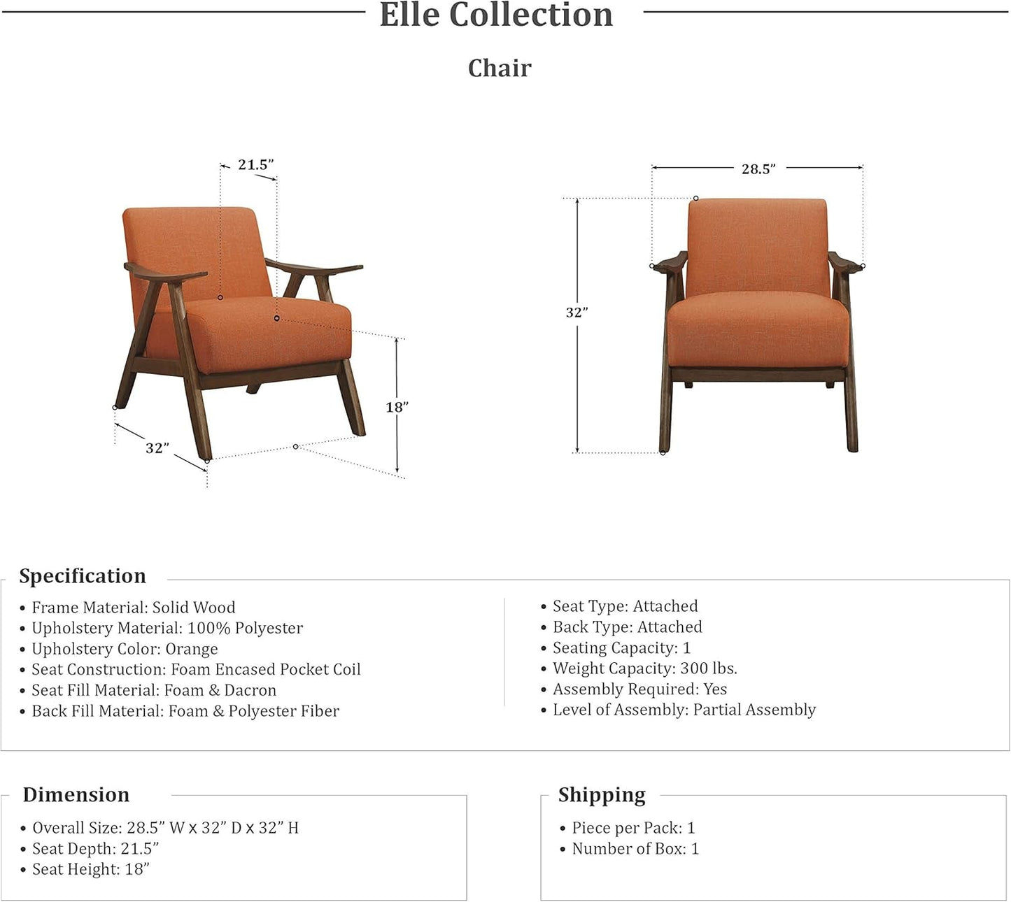 Elle 3-Piece Living Room Set, Orange-1