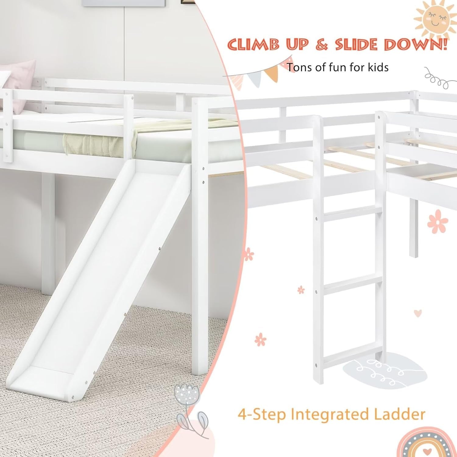 Wooden Twin Size Double Loft Bed with Slide and Ladder, L-Shaped Bed Frame with Full-Length Guardrail, Wood Bedframe for Kids Teens Adults Bedroom, 2 Twin Beds,White-2