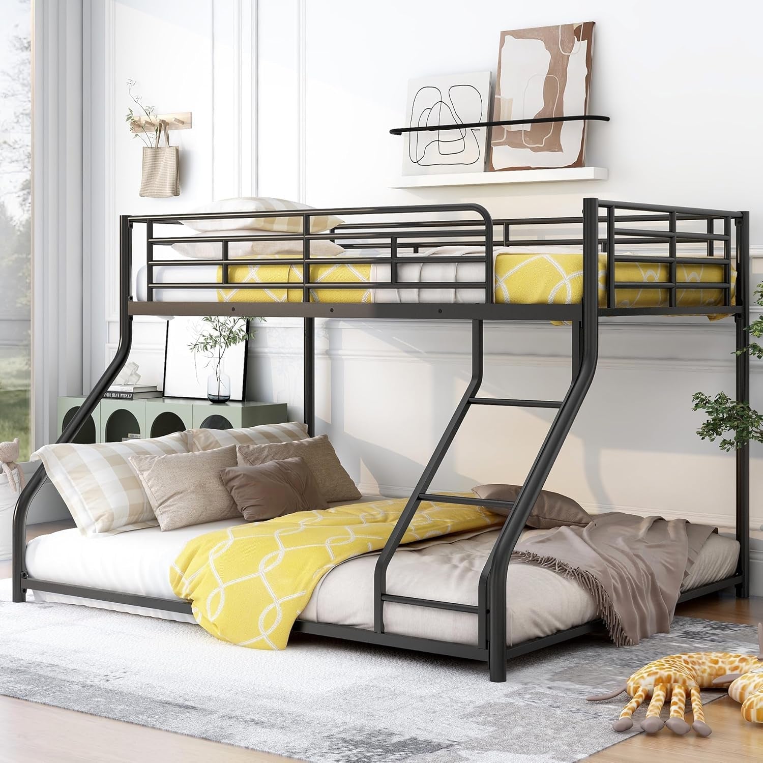 Twin over Queen Bunk Bed, Floor Bunk Bed, Heavy Duty Metal Bunk Bed Frame, Queen Bunk Bed for Adults, Adult Bunk Beds Heavy Duty, Twin XL Bunk Bed, Black-0