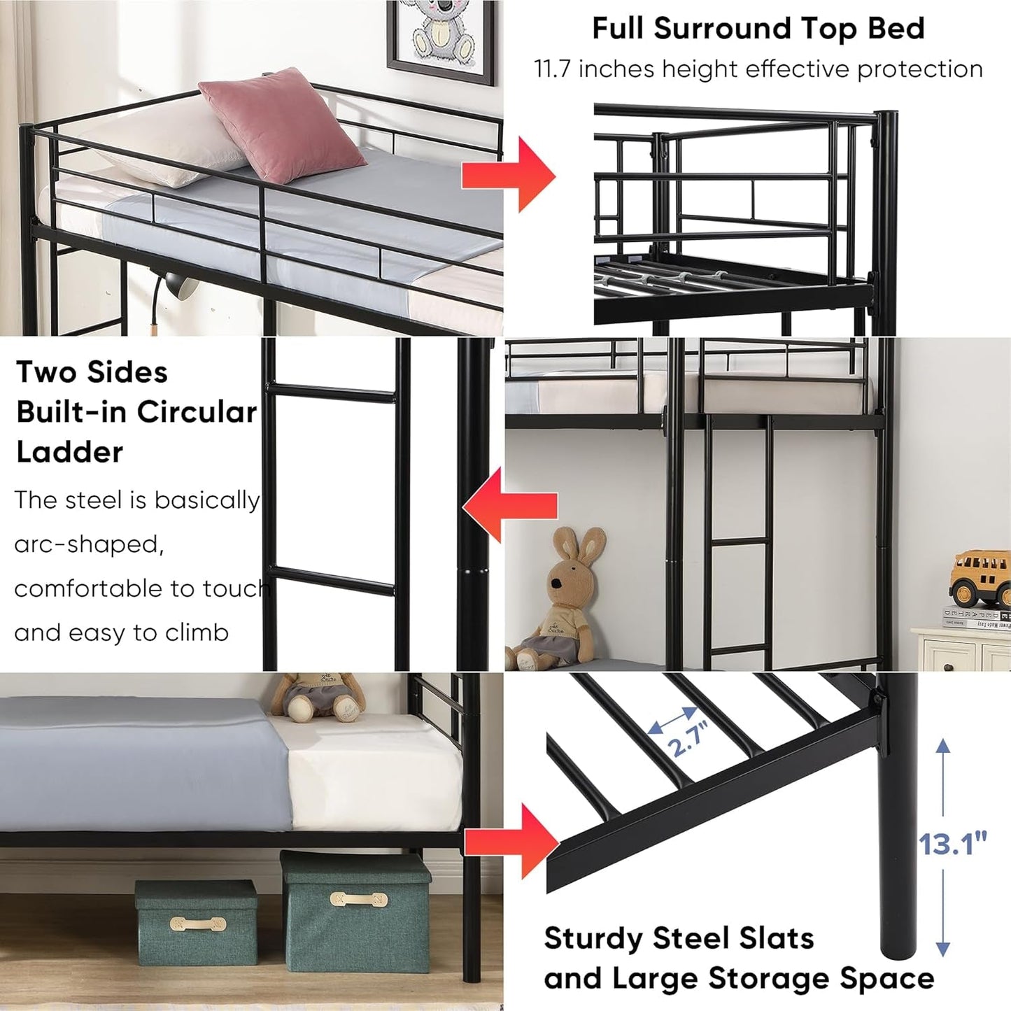 Metal Bunk Bed Twin over Twin Sturdy Heavy Duty Bunk Beds with 2 Side Ladders,Space Saving,No Box Spring Needed,For Boys Girls Teens Adults, Bedroom, Dormitory (Black)-3