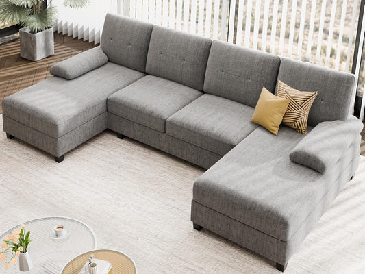 Sectional Sofa Couches for Living Room, U Shaped Sofa Living Room Furniture Sets, 4 Seat U Shaped Sofa Sectional Couch with Chaise, Grey-0