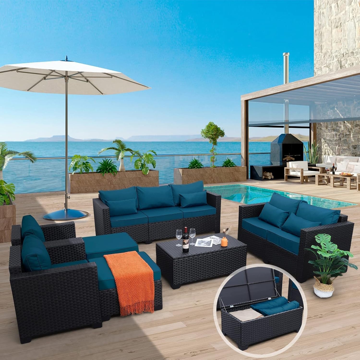 Patio Furniture Set 7 Pieces Couch Outdoor Chairs Coffee Table Peacock Blue Anti-Slip Cushions and Waterproof Covers-1