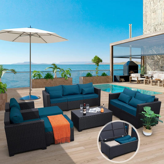 Patio Furniture Set 7 Pieces Couch Outdoor Chairs Coffee Table Peacock Blue Anti-Slip Cushions and Waterproof Covers-1