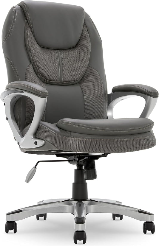 Executive Office Padded Arms, Adjustable Ergonomic Gaming Desk Chair with Lumbar Support, Faux Leather and Mesh, Light Gray-0