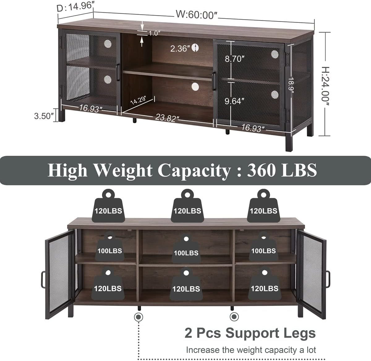 Industrial Entertainment Center for Tvs up to 55 60 65 Inch, Rustic Wood TV Stand, Large TV Console and TV Cabinet for Living Room (60 Inch Wide, Walnut Brown)-3