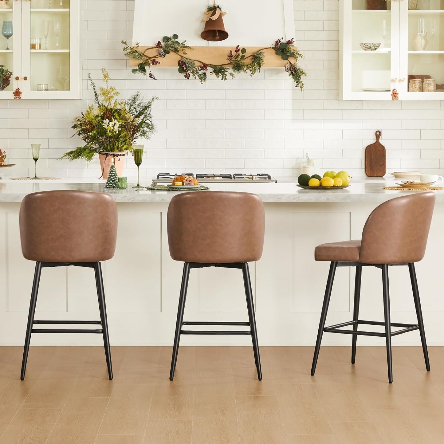 Counter Height Bar Stools Set of 3, 360° Swivel Upholstered Barstools with Backs and Metal Legs, 26" H Seat Height, Faux Leather in Saddle Brown-2