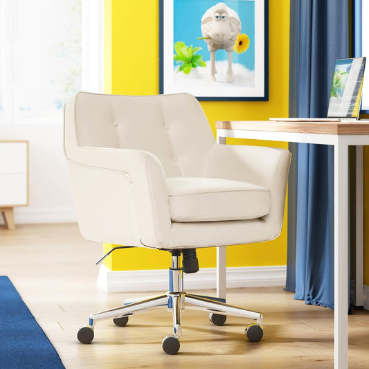 Ashland Home Office Desk Chair with Button Tufted Back, Memory Foam Cushion and Padded Arms, Mid Century Modern Vanity Armchair with Wheels for Bedroom, Chrome Metal Base, Cream-1