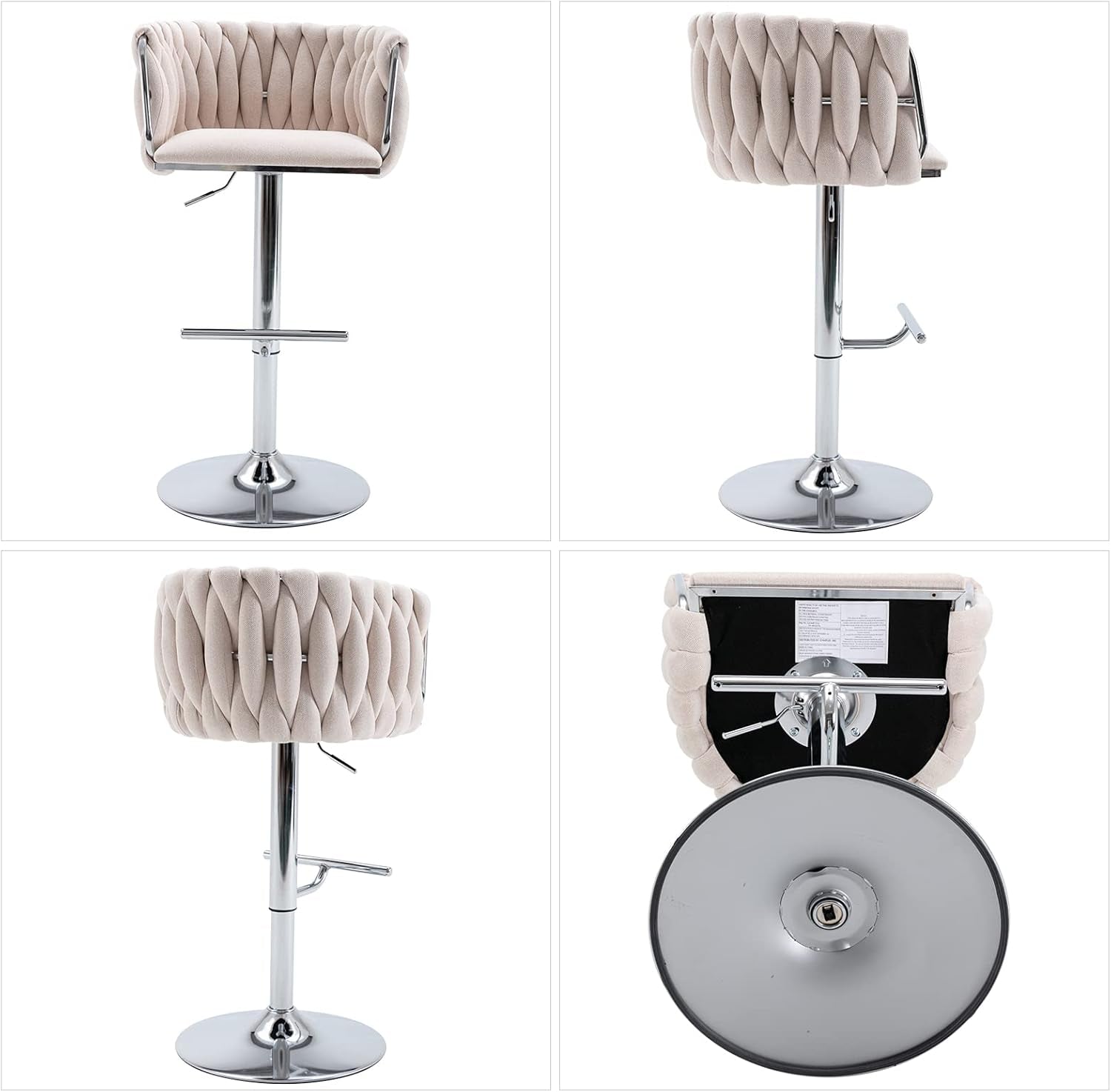 Modern Swivel Bar Stools Set of 2, Linen Fabric Adjustable Height Barstool with Barrel Back Kitchen Island Counter Bar Chair with Chrome Base, Beige-3