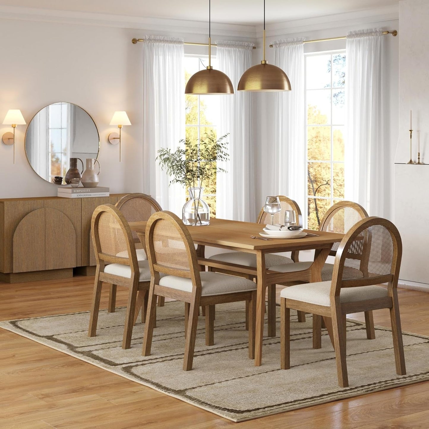 Bailey 19 In. Boucle Dining Chair, Upholstered Side Chair with Natural Woven Rattan Back and Solid Wood Legs, Light Brown-2