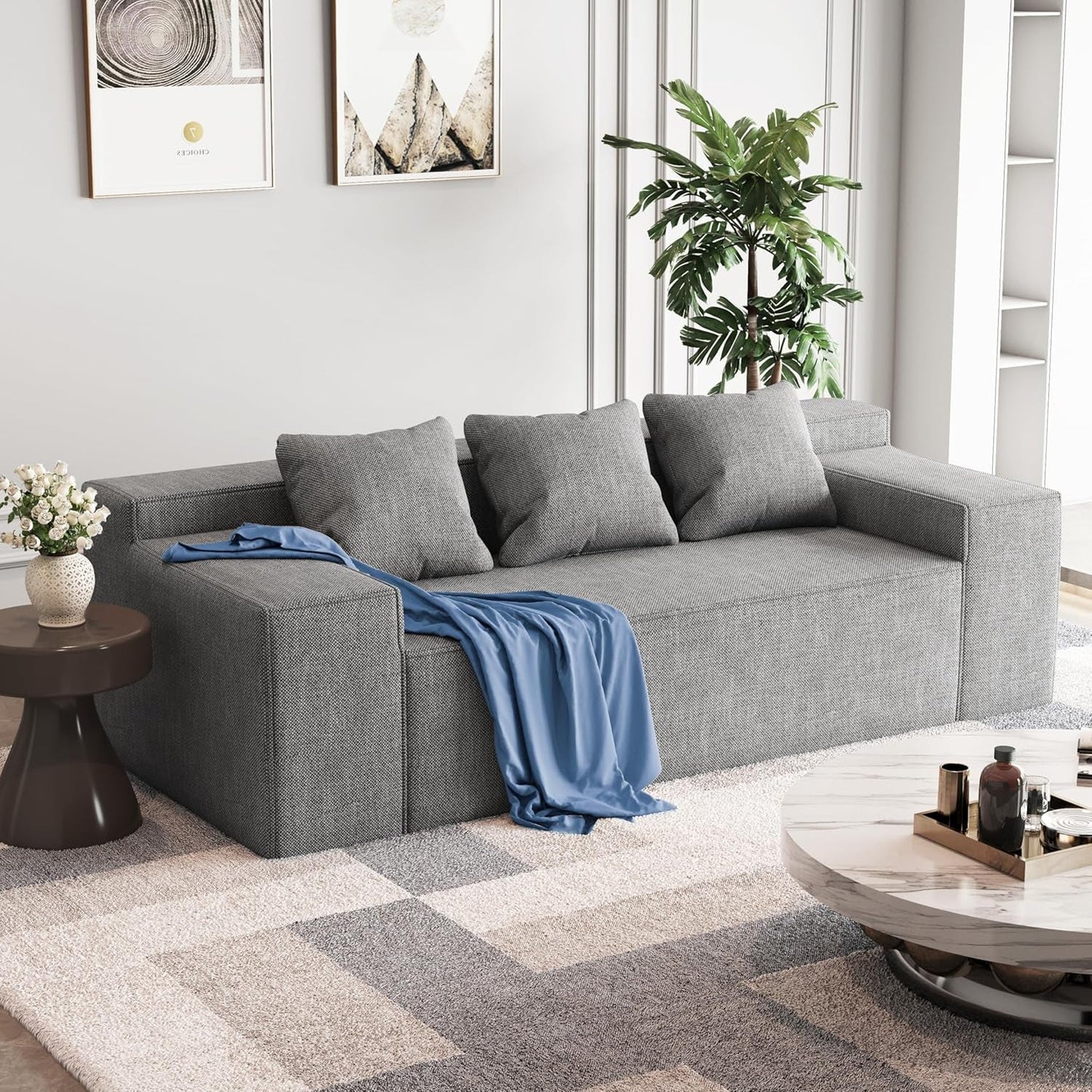 Modern 3-Seater Sofa, Hybrid Sofa in a Box, No Assembly Required, Comfy Sofa Couch with 3 Matching Pillows, Cat-Scratch Resistant Linen, Couch for Living Room or Bedroom, Grey-3