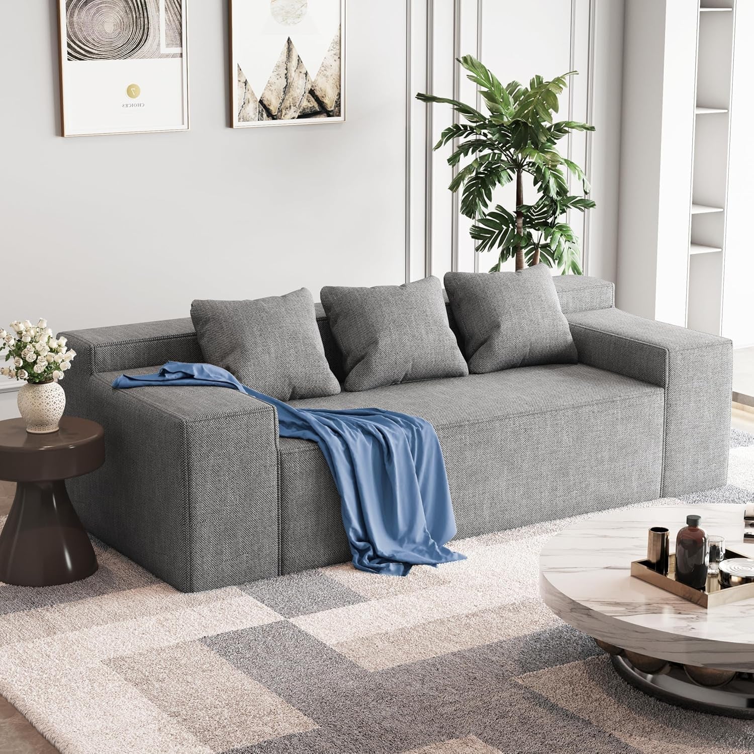 Modern 3-Seater Sofa, Hybrid Sofa in a Box, No Assembly Required, Comfy Sofa Couch with 3 Matching Pillows, Cat-Scratch Resistant Linen, Couch for Living Room or Bedroom, Grey-3