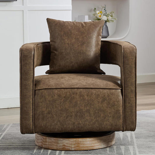 Swivel Accent Chair Set of 2, Modern Swivel Barrel Chair for Living Room, 360 Degree Comfy Square Swivel Chair with Open Back, Upholstered Armchair for Bedroom,Reading, PU Leather, Coffee-1