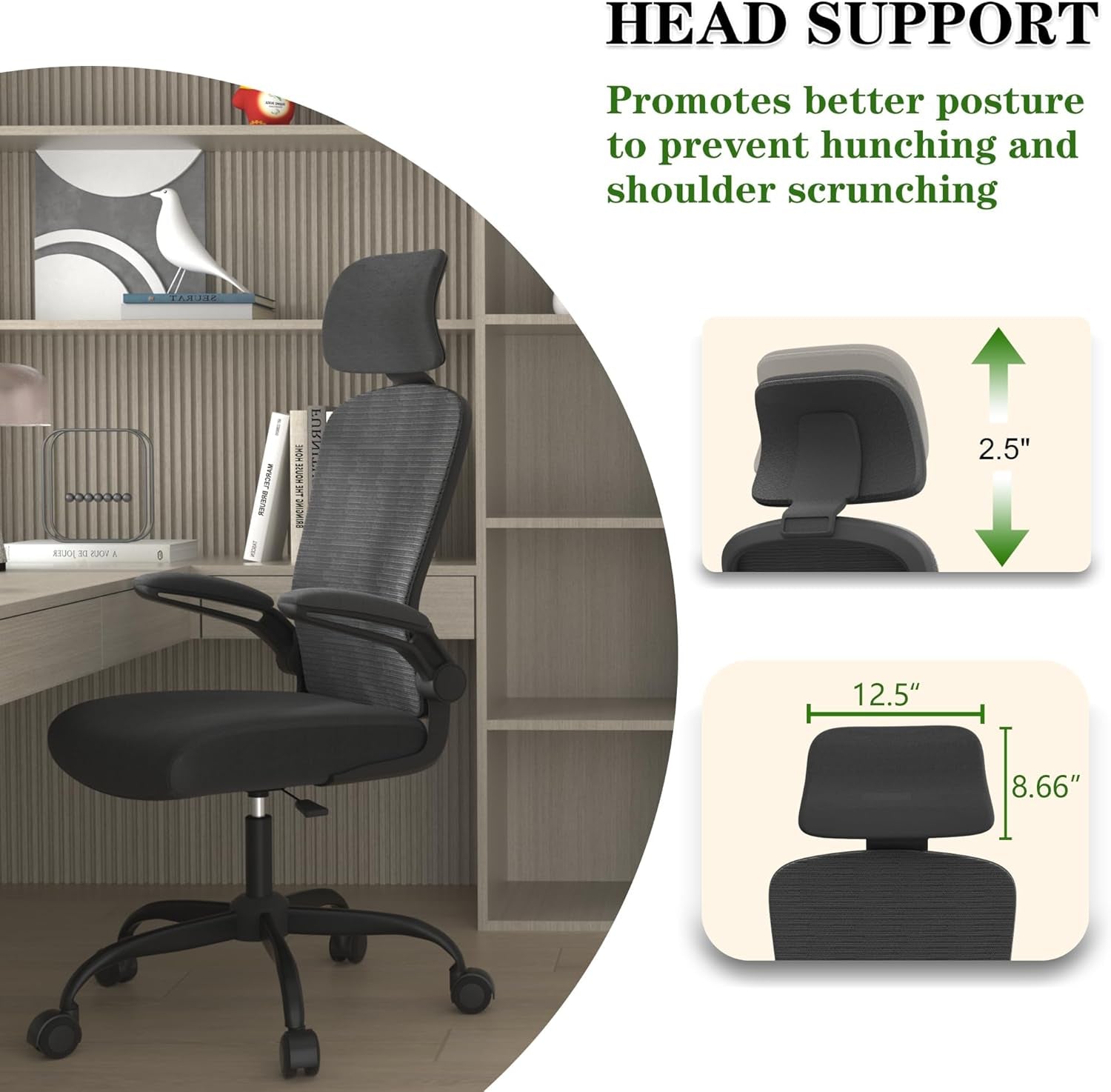 Ergonomic Mesh Home Office Chair | High Back Computer Desk Chair with Adjustable Lumbar Support & Headrest | Swivel Task Chair with Flip-Up Armrests for Home & Office (English, Dark Black)-3