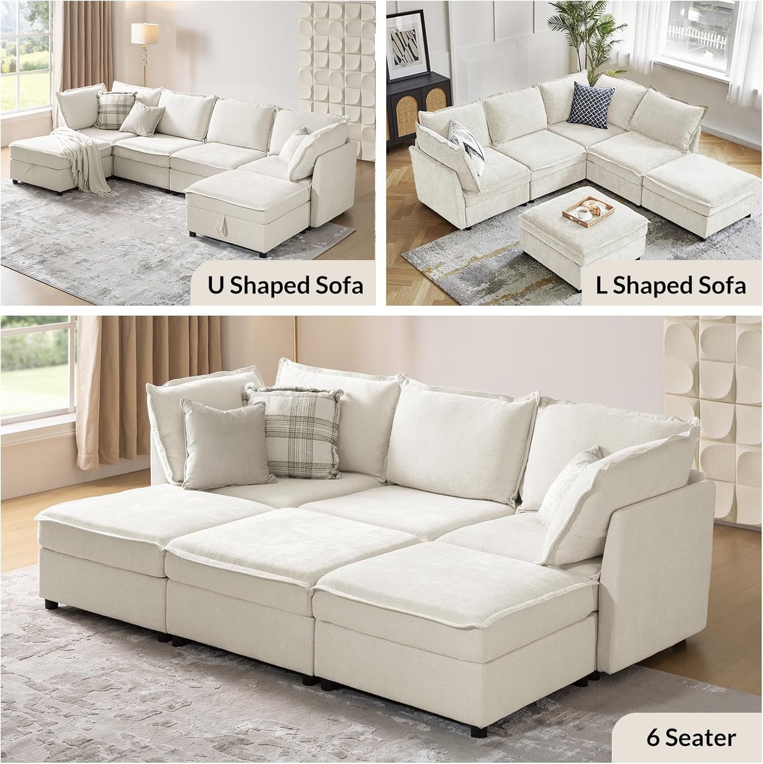 127'' Modular Sectional Sofa, Oversized U Shaped Couch with Storage Ottoman, Extra Deep Seat, Modern Comfy Chenille Sofa with Chaise, 6 Seat Convertible Couches for Living Room, White-3