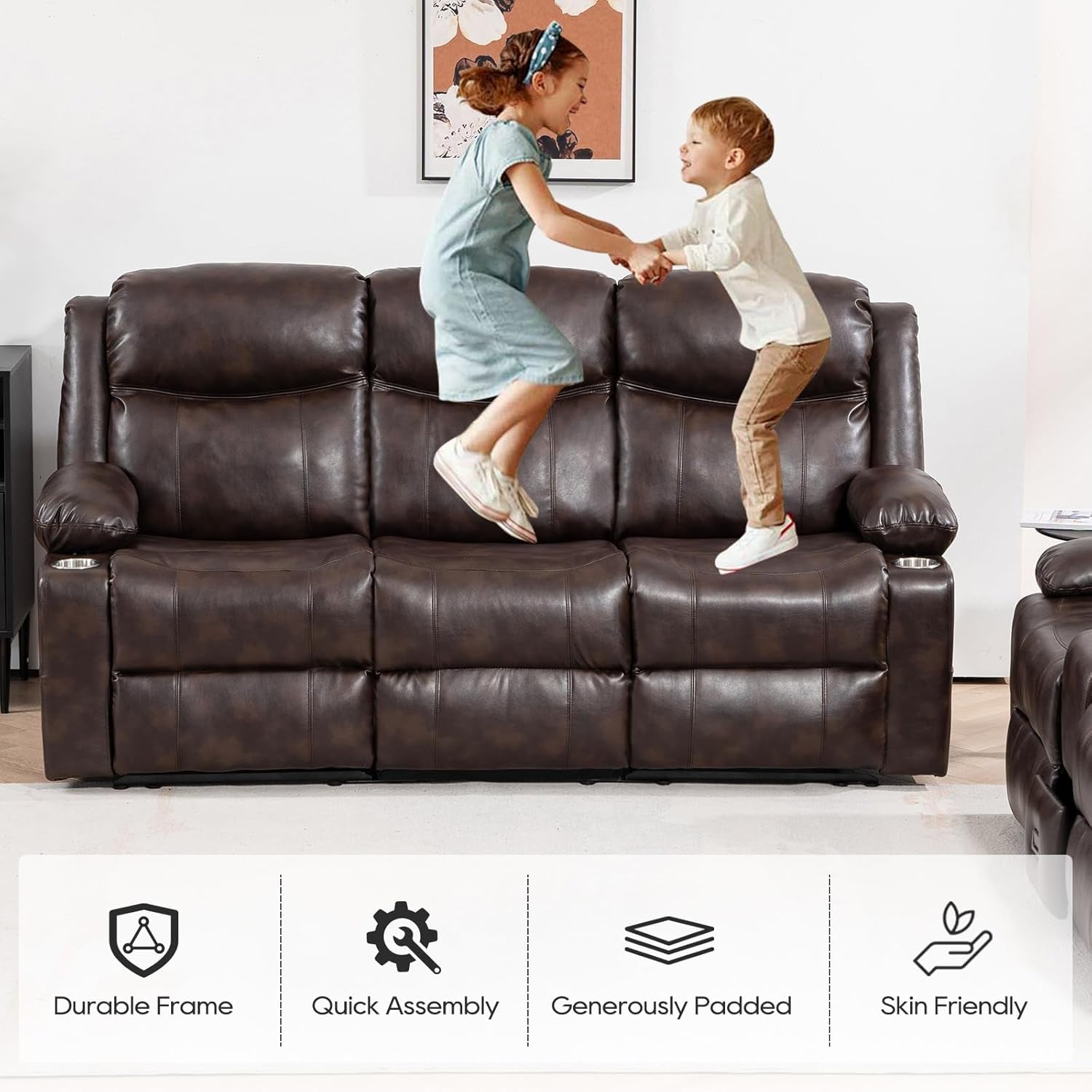 Recliner Sofa Set - Reclining Sofa Couch Set, 2 Pieces Recliner Furniture Sofa Set, 3-Seater Reclining Sofa & 2-Seater Reclining Loveseat with Massage & Heat for Living Room (Brown)-3