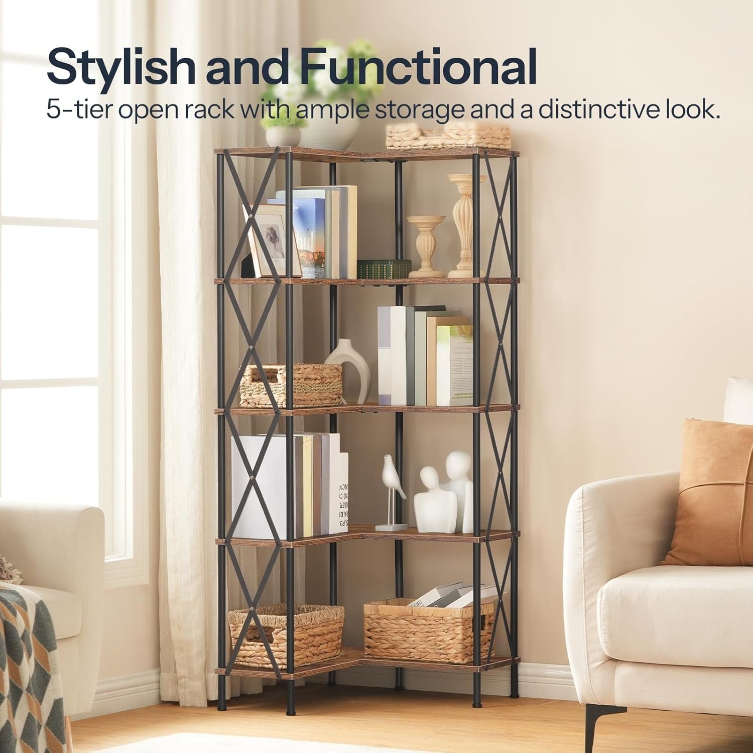 Corner Bookshelf, 5-Tier L-Shaped Bookcase, Industrial Open Display Shelf Tall Storage Organizer, Vertical Storage Rack, for Living Room, Home Office, Rustic Brown and Black BF60SJ01-4