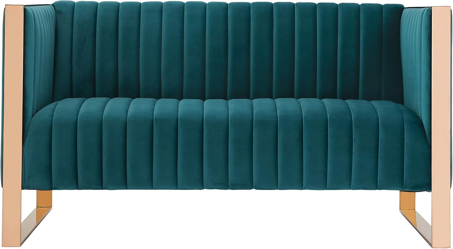 Trillium Velvet 57" Velvet Loveseat for Living Room, High-Density Foam, Vertical Channeling, Gold Stainless Steel Frame, No Assembly Required, Set of 1, Teal-0