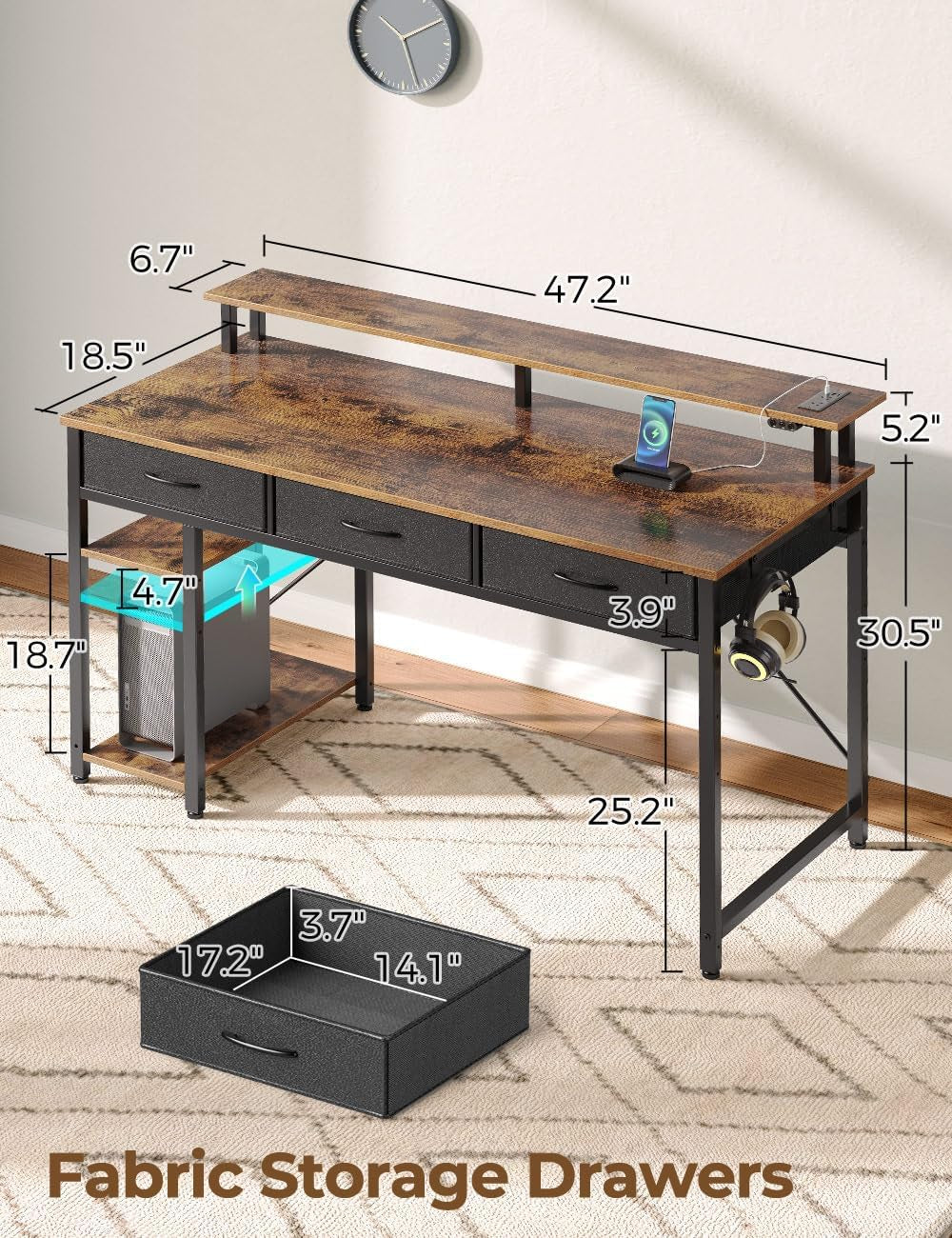 Computer Desk with Power Outlets & LED Light, 47 Inch Home Office Desk with 3 Drawers and Storage Shelves, Writing Desk with Monitor Stand, Work Study Desk for Home Office,Rustic Brown-2