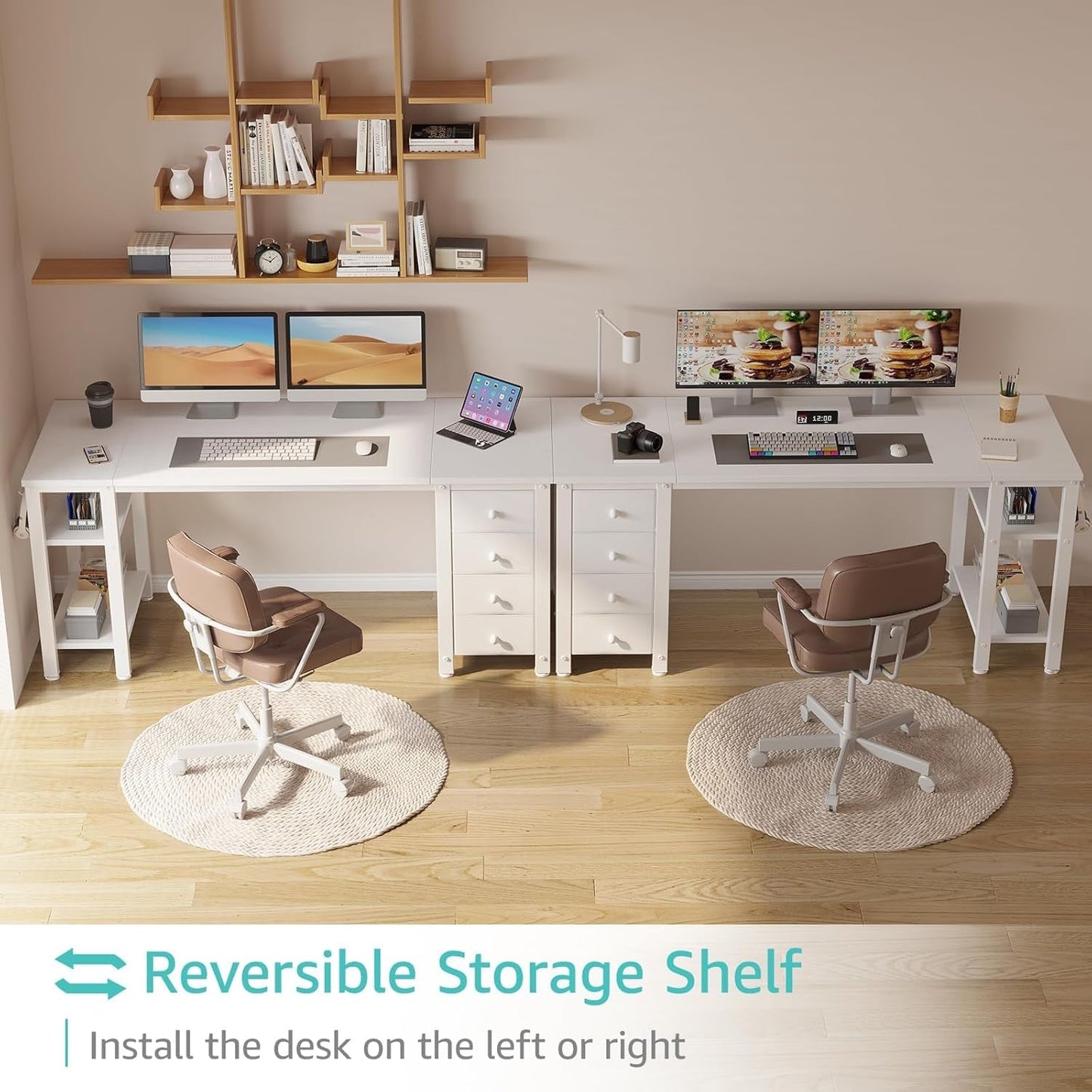 White Computer Desk with Fabric Drawers & Storage Shelves, 55 Inch Study Work Writing Desk for Home Office Bedroom, Simple Modern Cute PC Desks Table, White-3