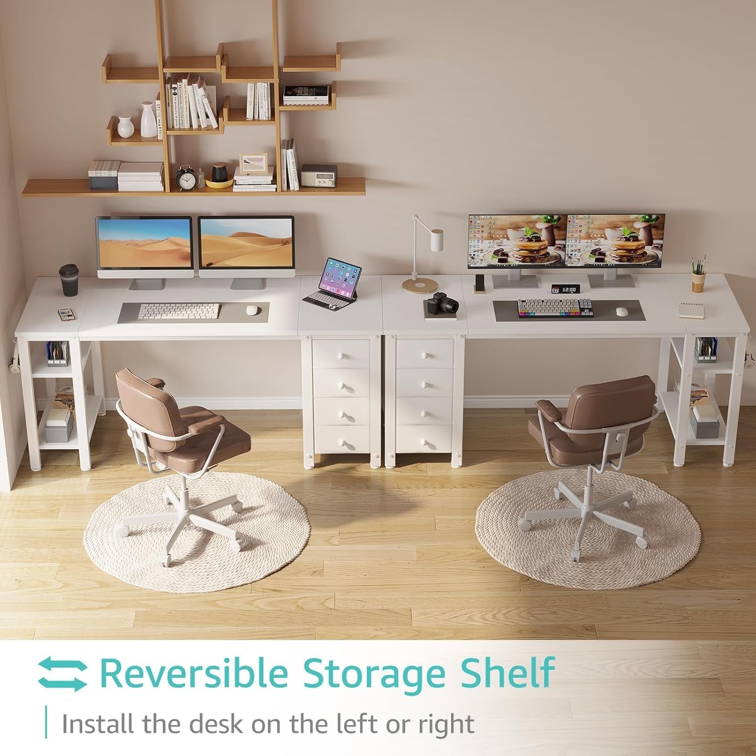 White Computer Desk with Fabric Drawers & Storage Shelves, 55 Inch Study Work Writing Desk for Home Office Bedroom, Simple Modern Cute PC Desks Table, White-3