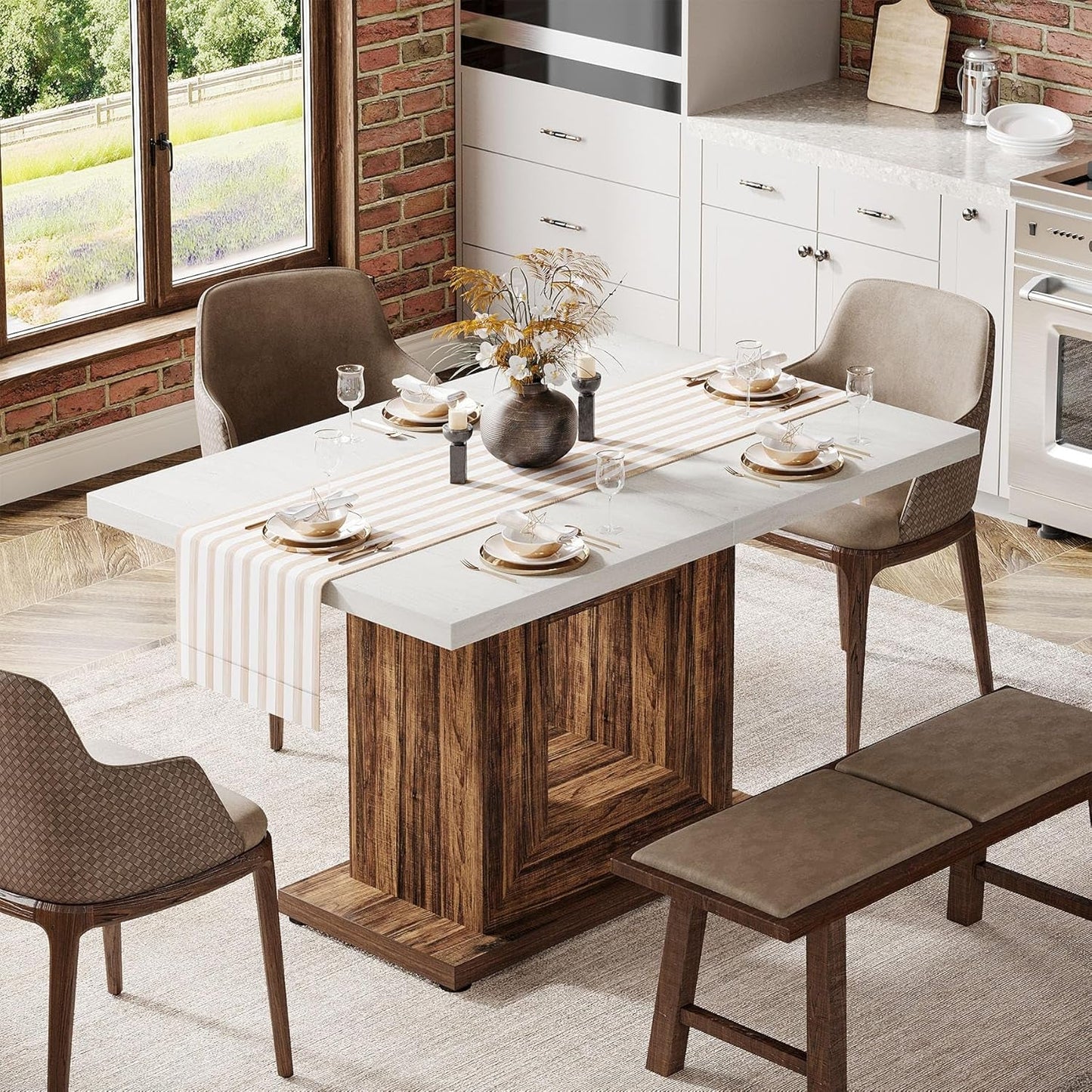 47-Inch Farmhouse Dining Table for 4, White Kitchen Dinner Table with Heavy Duty Pedestal, Rustic Wooden Eating Table for Home, Dining Room, Small Space, White & Brown-4