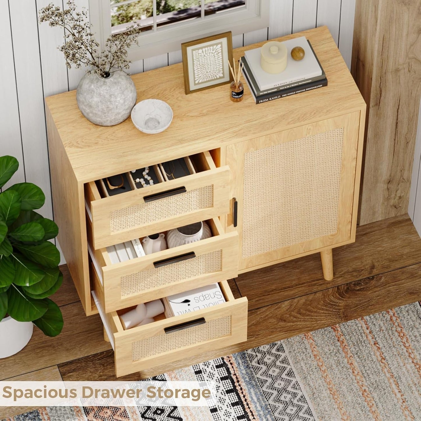 Storage Cabinet, Rattan Sideboard Cabinet with 3 Drawers & Door, Wooden Buffet Cabinet for Living Room, Dining Room, Hallway, Kitchen, Entryway…-3