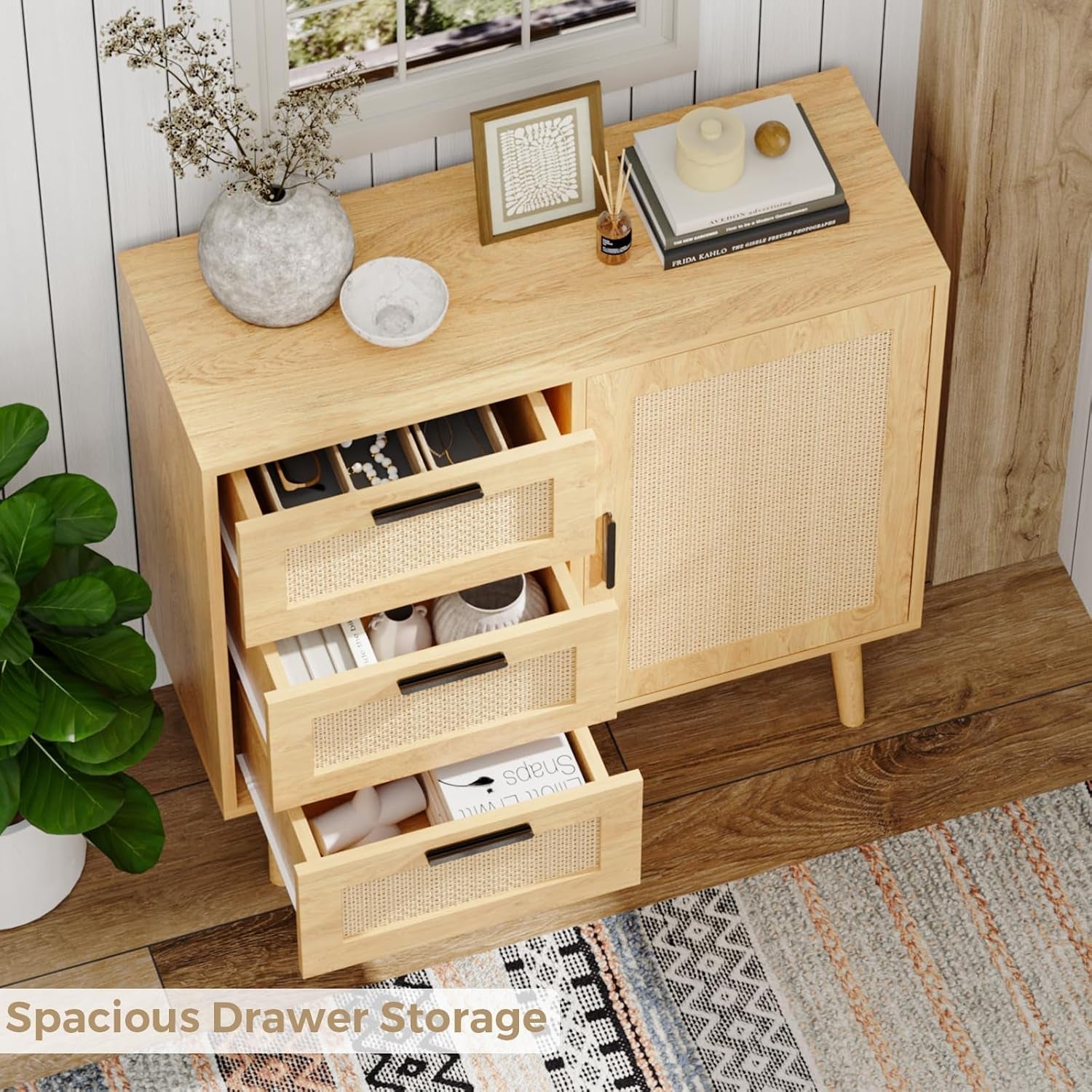 Storage Cabinet, Rattan Sideboard Cabinet with 3 Drawers & Door, Wooden Buffet Cabinet for Living Room, Dining Room, Hallway, Kitchen, Entryway…-3
