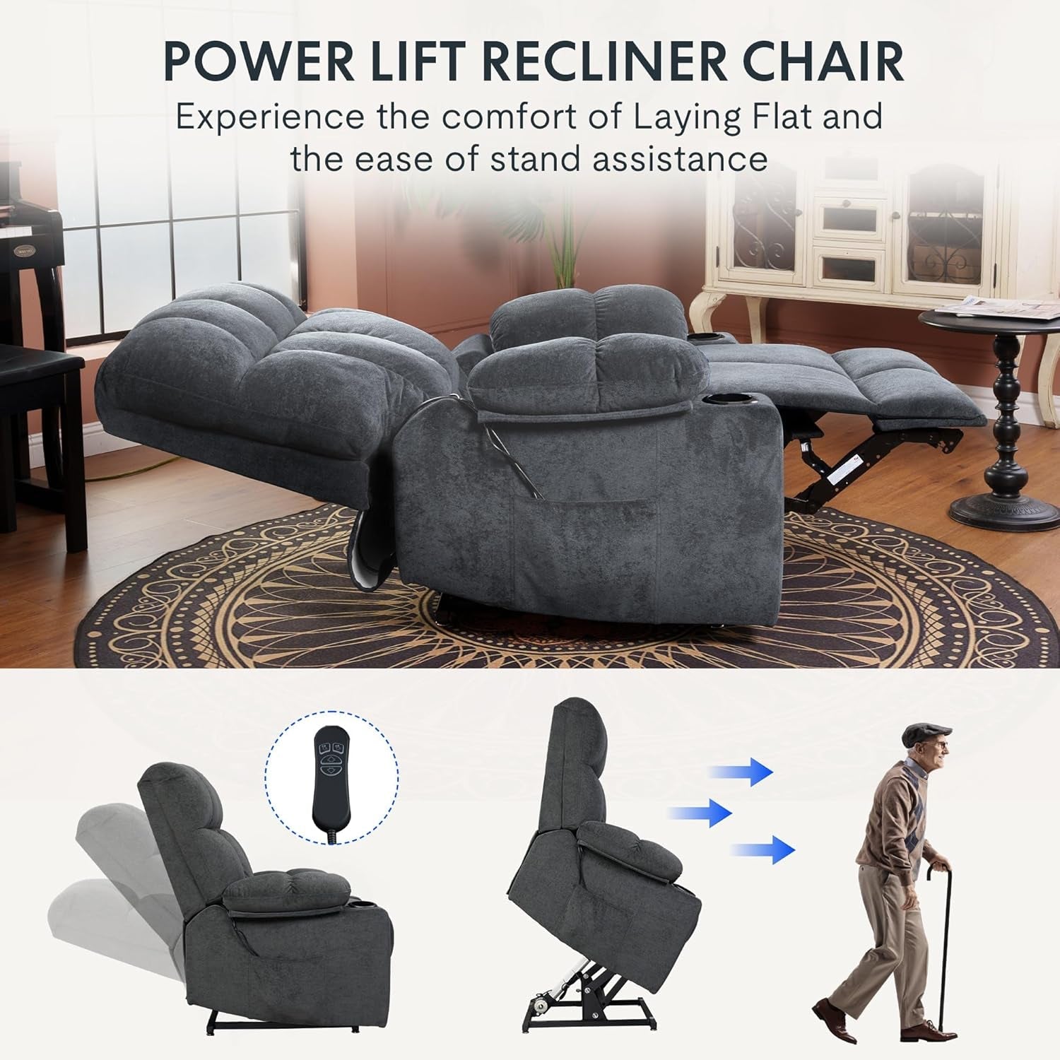 XL5 Dual OKIN Motor Power Lift Recliner Chair for Elderly, Electric Lay Flat Recliner W/Massage, Lumbar Heat, USB Port, Side Pockets, Recliner Sofa for Living Room Bedroom, Grey-2