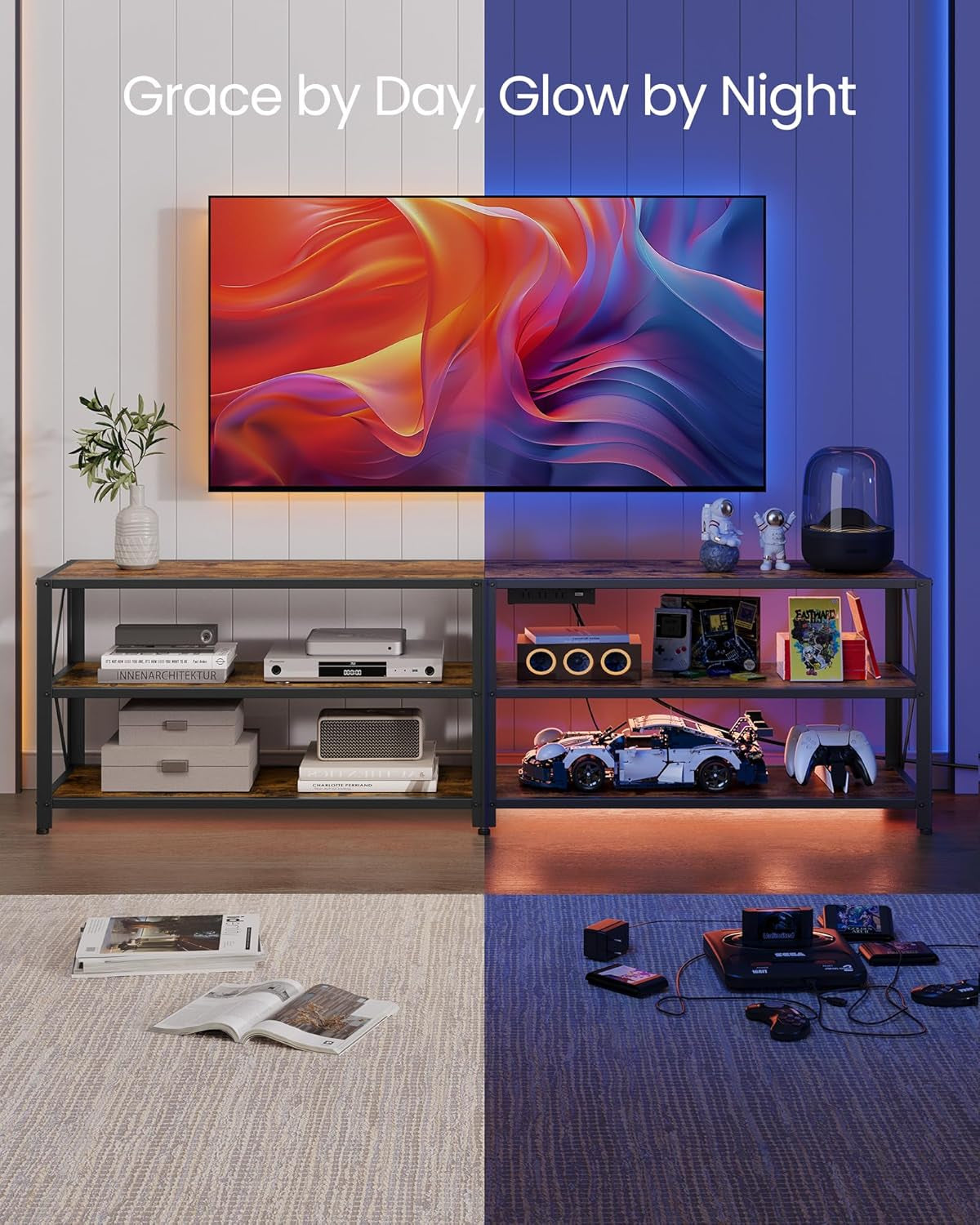 TV Stand with Power Outlets and LED Lights, for Tvs up to 65 Inches, Entertainment Center with Open Storage Shelves, TV Console Table for Living Room, Rustic Brown and Ink Black ULTV118K01-2