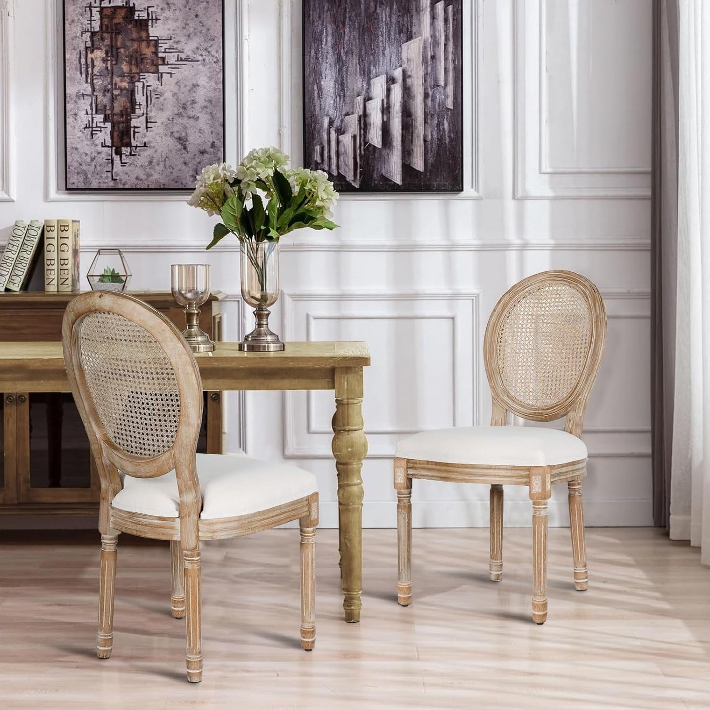 Dining Chairs Set of 2 Beige Rattan round Back with Solid Wood Legs and Frame for French Country Kitchen Dining Room-4