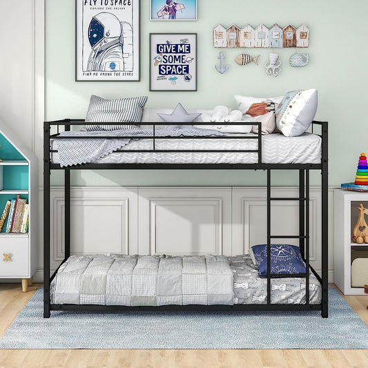 Twin Metal Low Bunk Bed with Guard Rails and Ladder-1