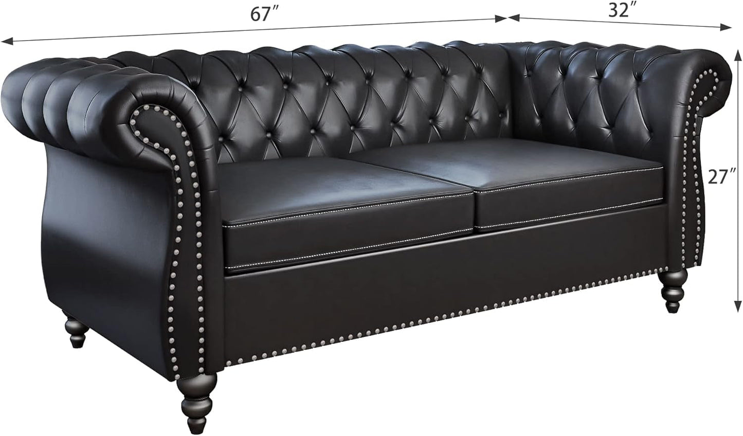 2 Piece Living Room Set, Chesterfield Leather Sofa Couch Chair with Scroll Arms and Nailhead for Living Room, Office (Black)-2