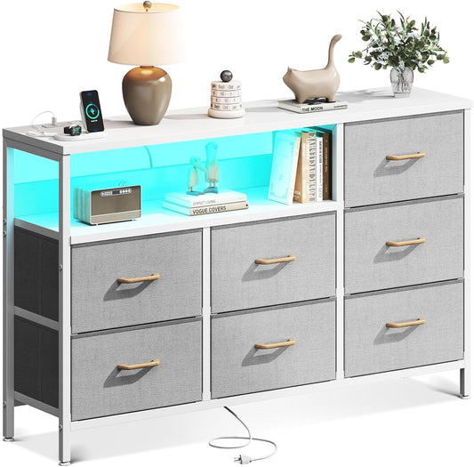 Dresser with LED Lights and Charging Station, 52-Inch Long Dresser for Bedoom with 7 Large Storage Drawers, Fabric Dresser TV Stand with Open Shelves, Light Grey-0