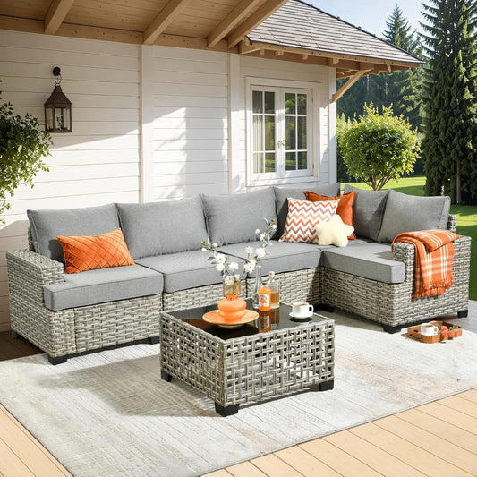 WEAXTY 6 Pieces Wicker Patio Furniture,Outdoor Sectional Furniture Set with Cushions and Luminous Coffee Table,All-Weather Conversation Sets Patio Furniture(Dark Gray)-0