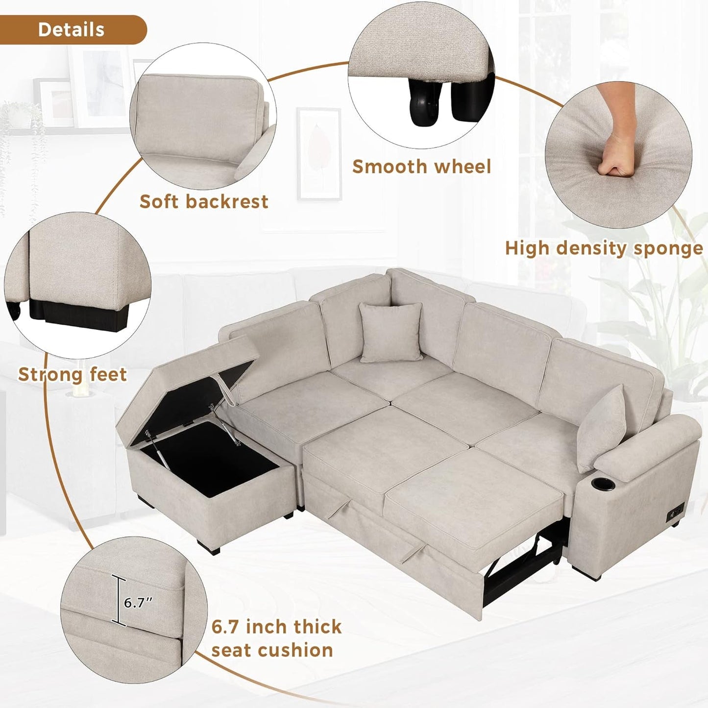 Beige Pull Out Sleeper Sofa Bed with Storage-3
