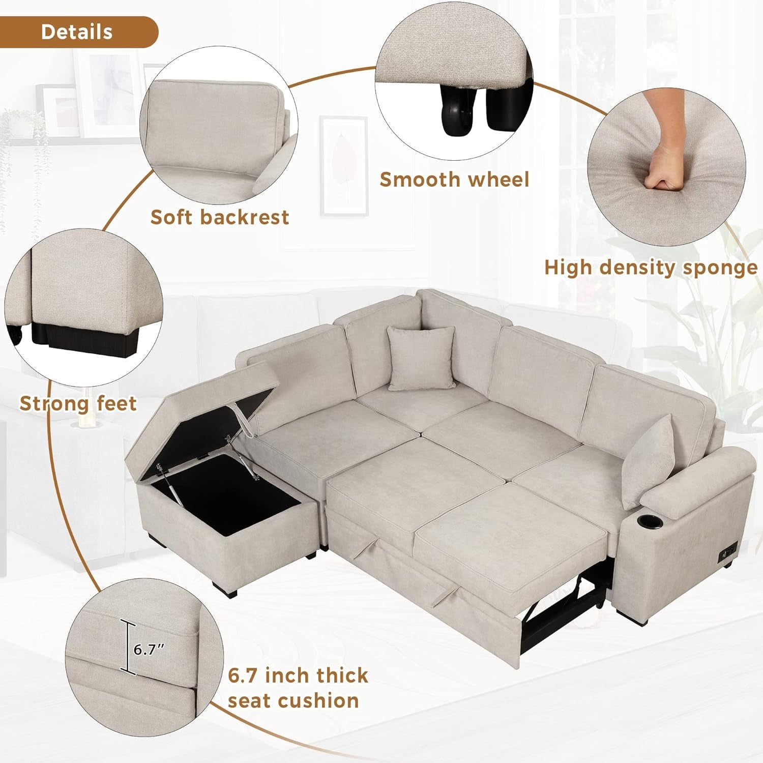 Beige Pull Out Sleeper Sofa Bed with Storage-3
