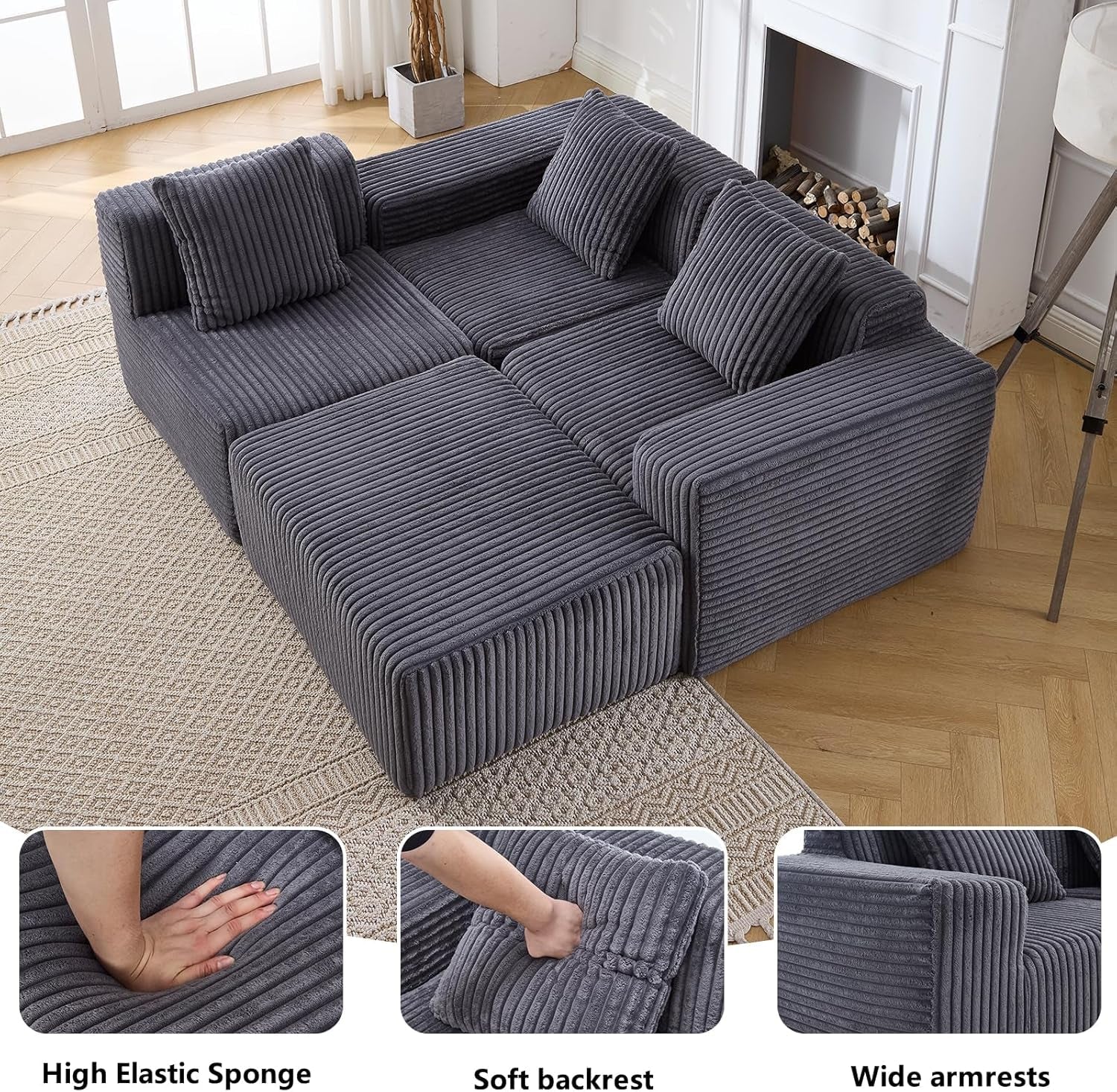 101'' Modular Sectional Sofa, Corduroy Cloud Couch with Ottomans, 3-Seater Convertible L-Shape Sofa with 3 Pillows, Sponge Compression Sofas for Living Room, No Assembly Required, Dark Gray-3